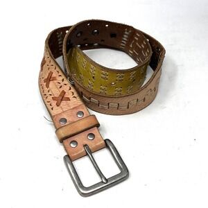 Fossil Leather Belt Retro Brown Patchwork Lacing Grommet Small 32 Hippie Y2K
